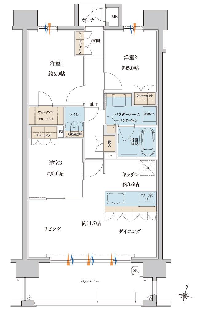 MJR浦上 THE ONCEの間取り図　F：3LDK+WIC
