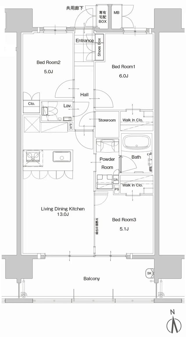 ザ・サンパーク姪浜の間取り図　B：3LDK+2WIC+SR