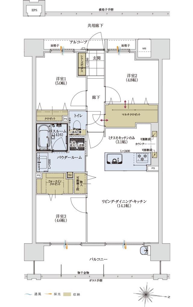 アルファステイツ筑紫野の間取り図　F：3LDK+ミタスモキッチン+マルチクロゼット+ウォークインクロゼット