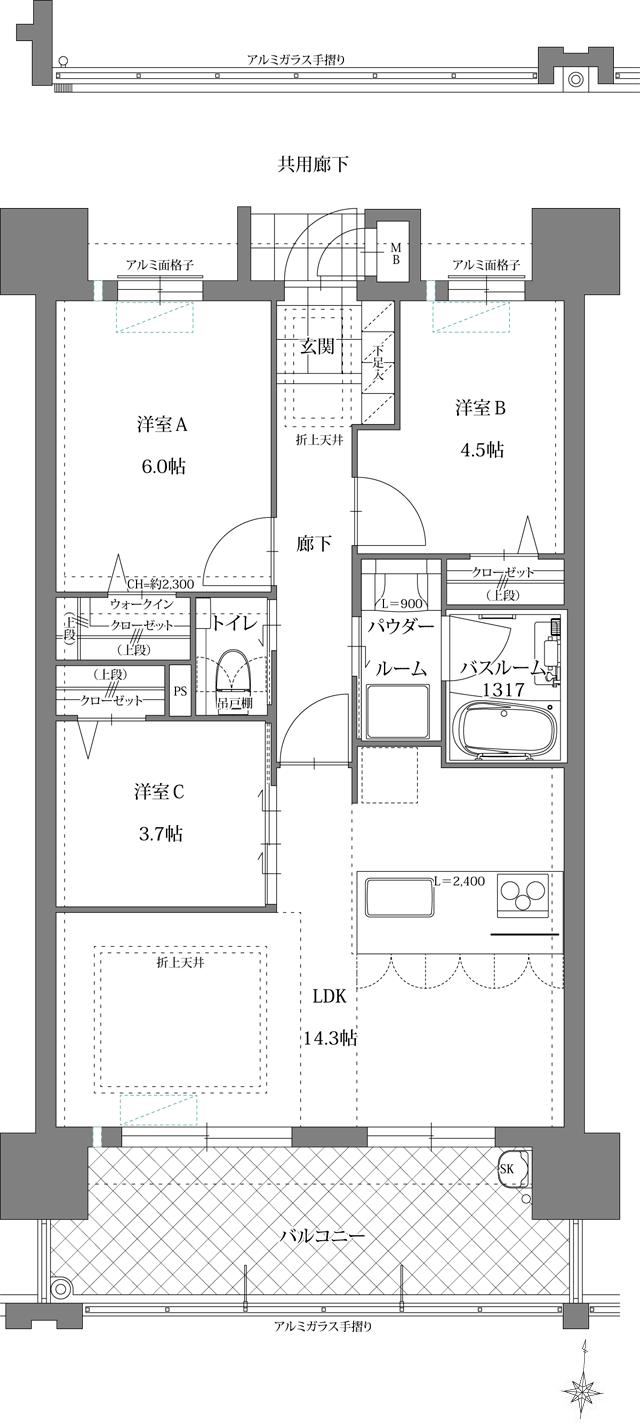 サングレート今宿駅南の間取り図　B：3LDK