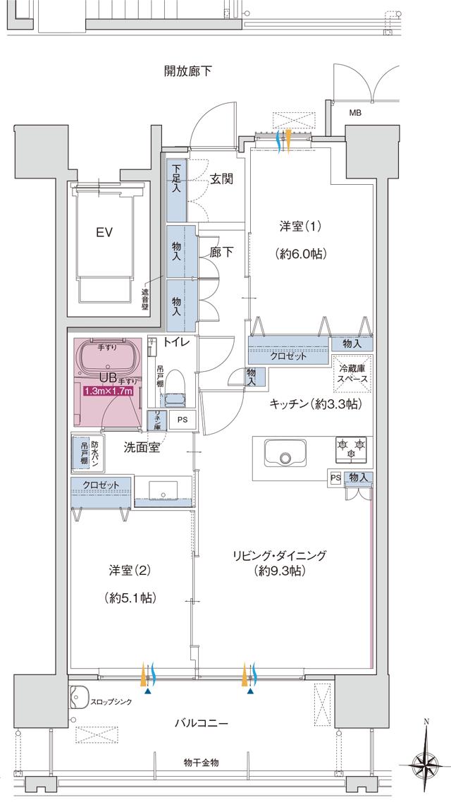 ポレスター大江プレミアの間取り図　B：2LDK