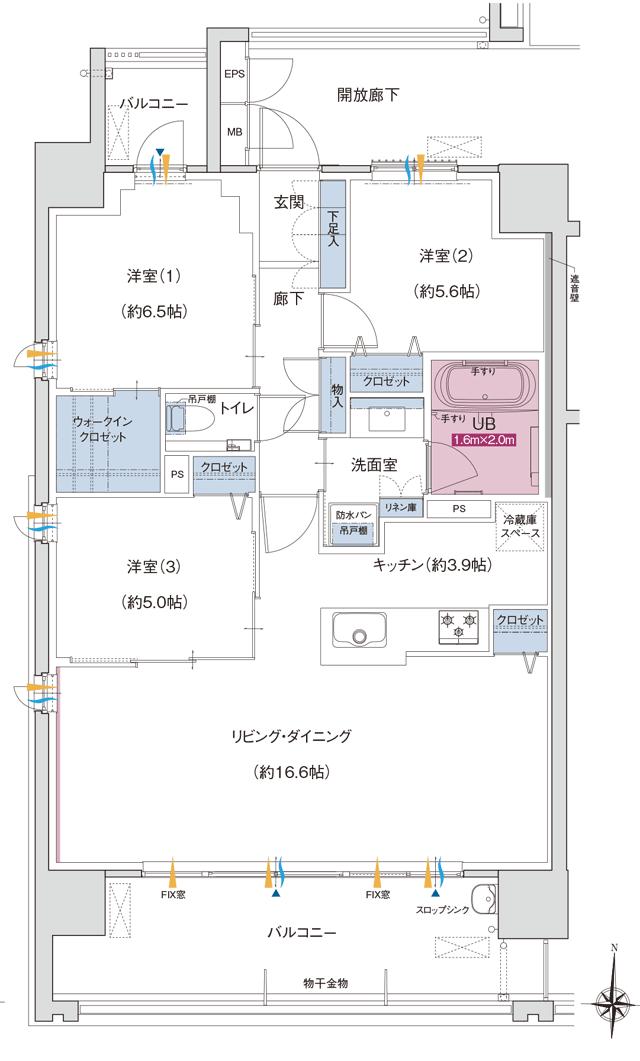 ポレスター大江プレミアの間取り図　A(メニュープラン)：3LDK+ウォークインクロゼット