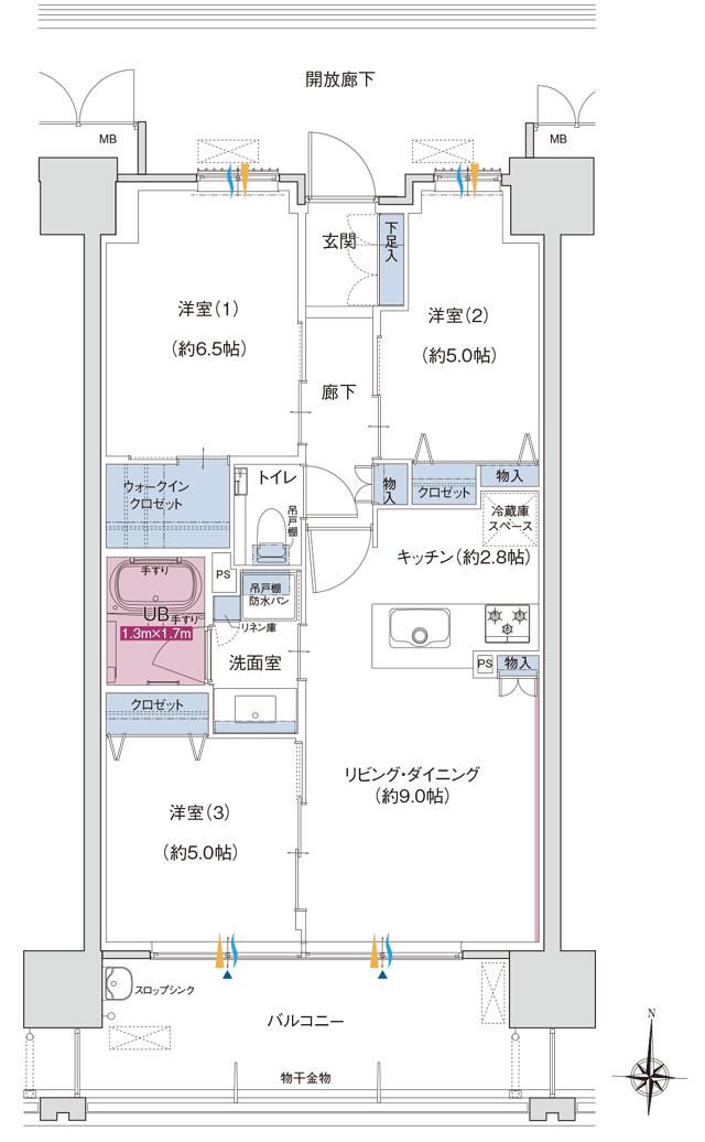 ポレスター大江プレミアの間取り図　C：3LDK+ウォークインクロゼット