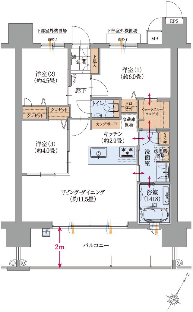 エンクレストガーデン福岡の間取り図　B2：3LDK+WTC