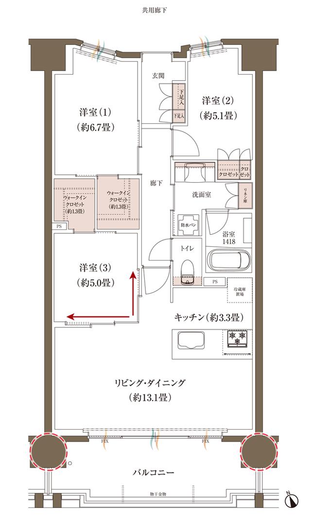 ブランシエラ大浦サンリヤンの間取り図　E：3LDK+2WIC