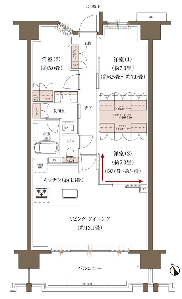 ブランシエラ大浦サンリヤンの間取り図　F：3LDK+UC