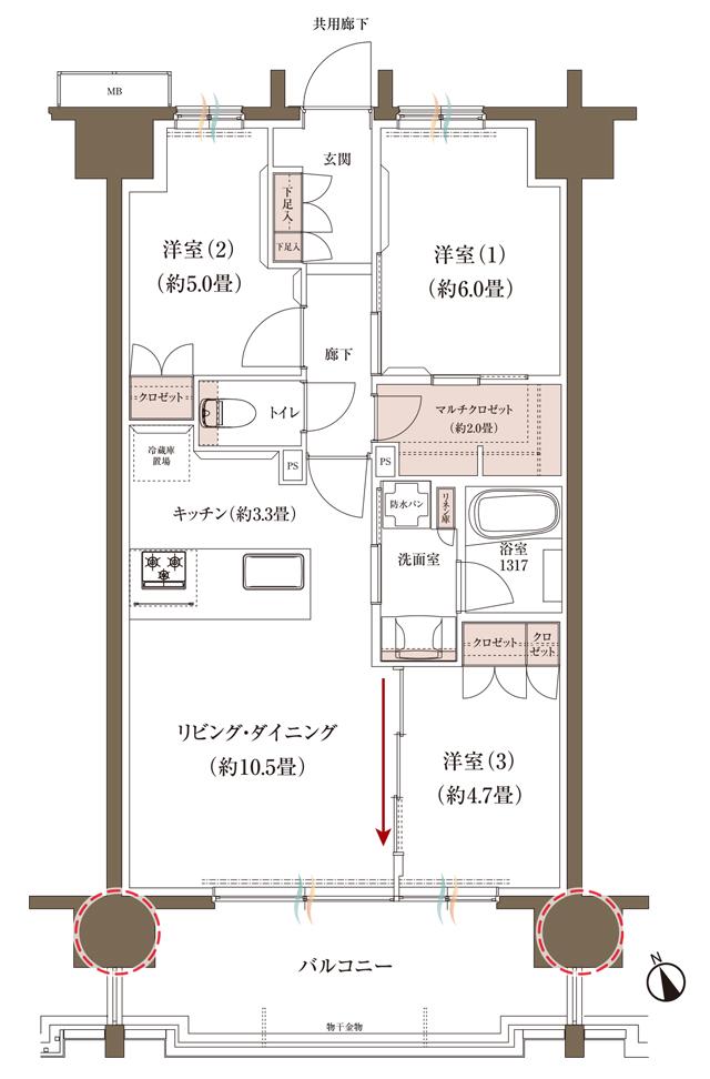 ブランシエラ大浦サンリヤンの間取り図　K：3LDK+MC
