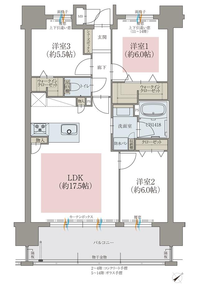 オーヴィジョン上熊本駅前の間取り図　C：3LDK+2WIC