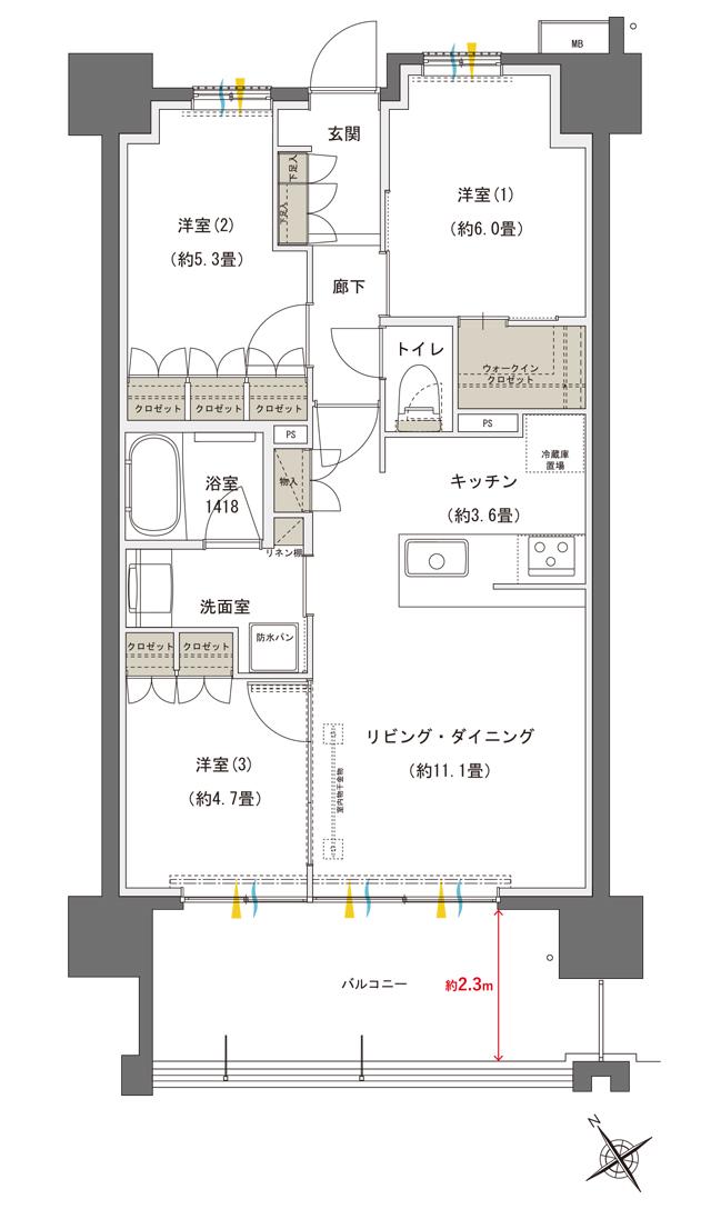 ブランシエラ国分中央の間取り図　B：3LDK+WIC