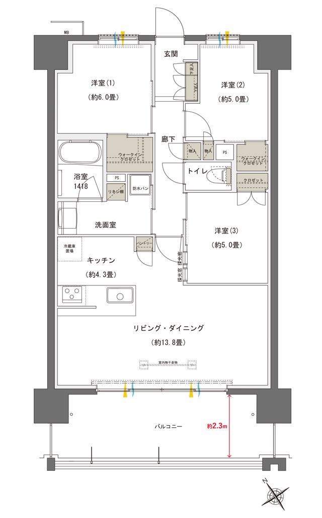 ブランシエラ国分中央の間取り図　D：3LDK+WIC
