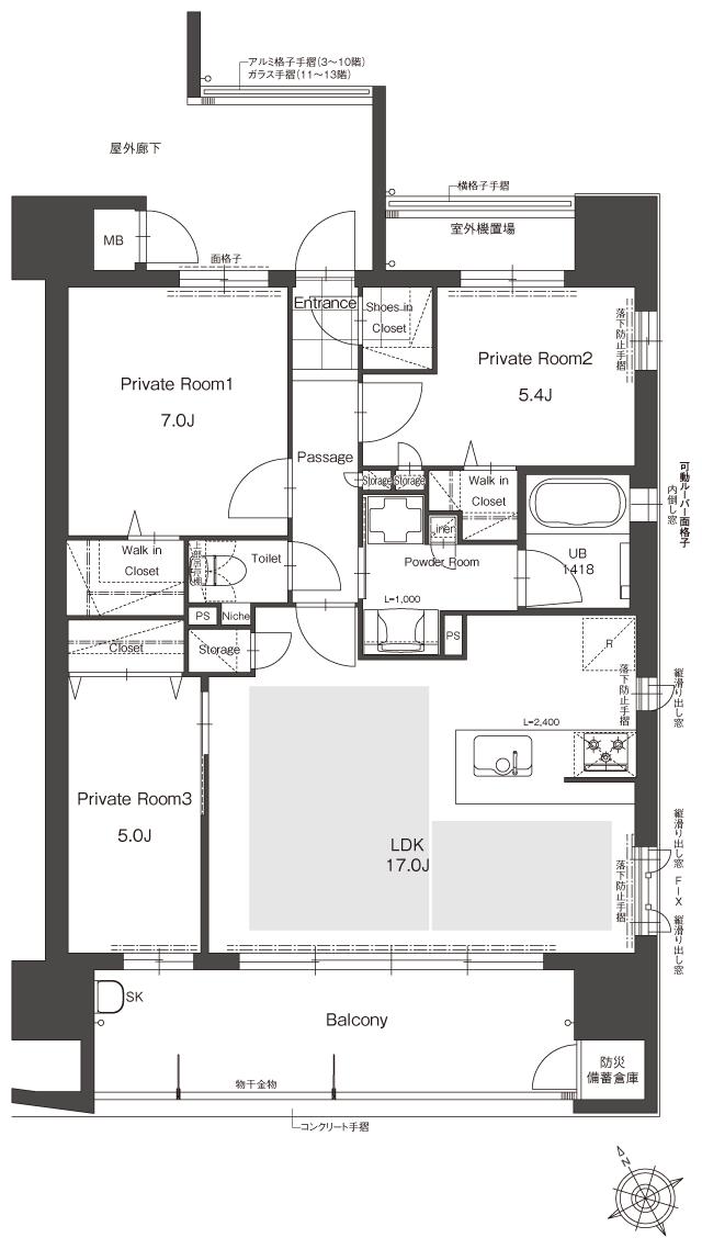 レジアス大橋デュクスの間取り図　H1・H2・H3：3LDK