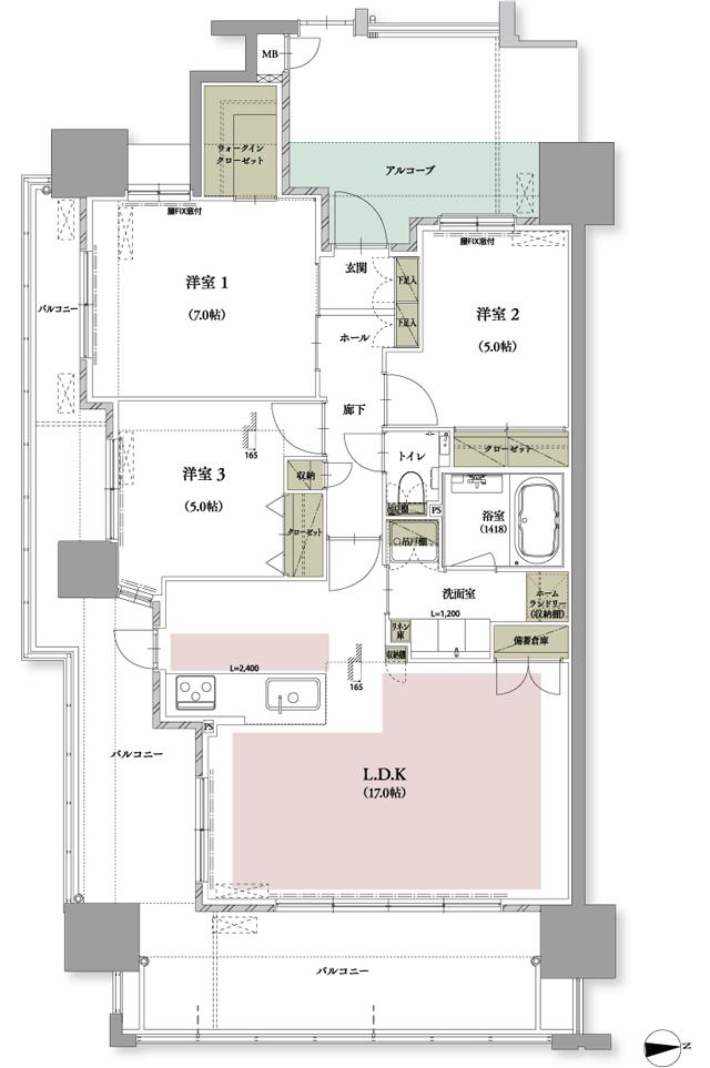 ラ・カーサグランデ タワー ザ・甲南の間取り図　C：3LDK