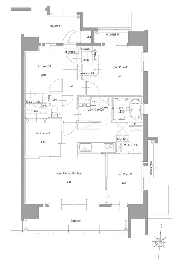 サンパーク大江東グラッセの間取り図　D：4LDK+3W.I.C+CABIN