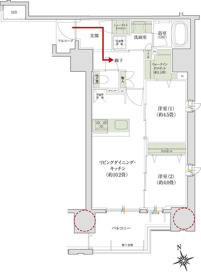 デュオヒルズ上通町の間取り図　B2：2LDK+WIC+SIC