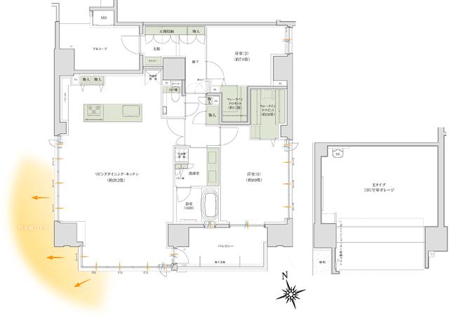 デュオヒルズ上通町の間取り図　E：2LDK+2WIC