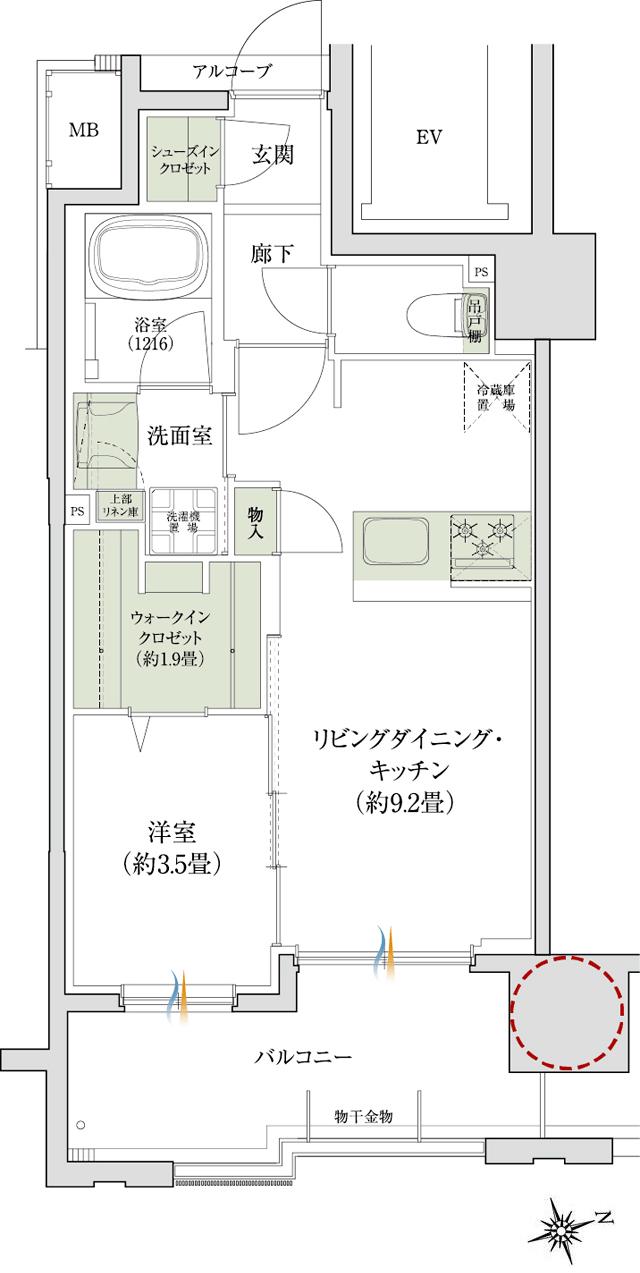デュオヒルズ上通町の間取り図　C：1LDK+WIC+SIC