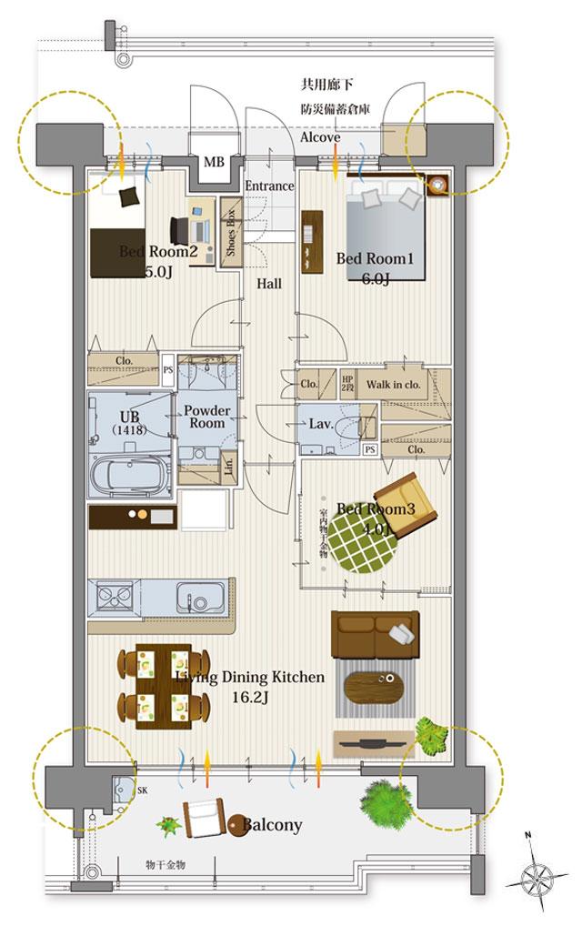 サンパーク下郡グラッセの間取り図　B：3LDK+WIC