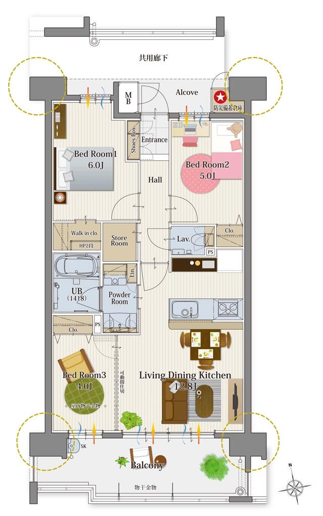 サンパーク下郡グラッセの間取り図　D：3LDK+WIC+Sto.