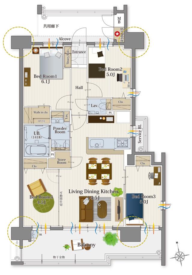サンパーク下郡グラッセの間取り図　E：4LDK+WIC+Sto.