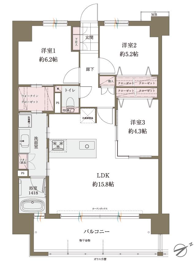 レクシア青葉東ティアードの間取り図　G：3LDK＋WIC