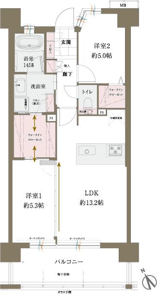 レクシア青葉東ティアードの間取り図　E：2LDK＋2WIC