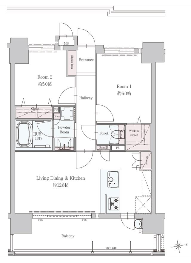 ザ・ブライトン浦上の間取り図　B：2LDK+WIC