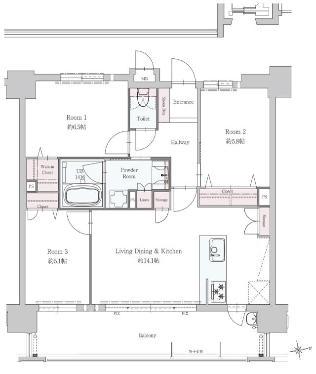 ザ・ブライトン浦上の間取り図　F：3LDK