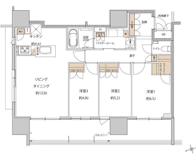 ザ・上通並木坂レジデンスの間取り図　U-J：3LDK+WIC