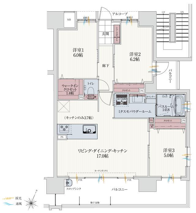 アルファステイツ谷山駅前の間取り図　F：3LDK+ウォークインクロゼット+mi+mo(ミタスモ)パウダールーム