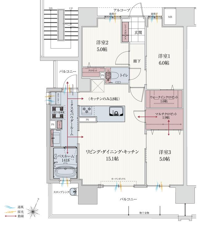 アルファステイツ谷山駅前の間取り図　A：3LDK+マルチクロゼット+ウォークインクロゼット+mi+mo(ミタスモ)パウダールーム