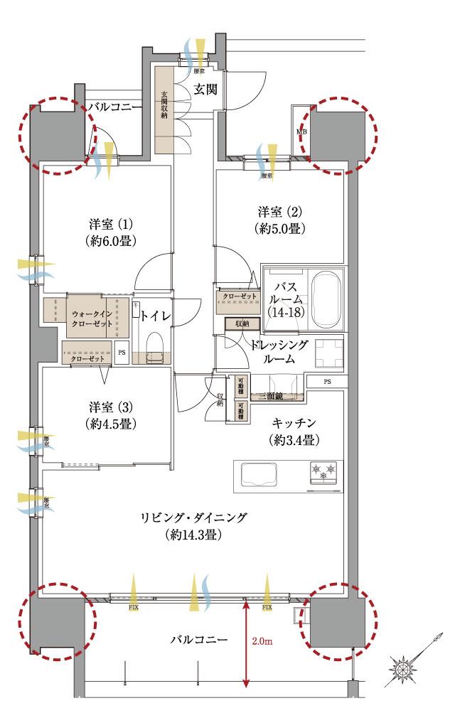 サーパス新水前寺駅前の間取り図　A：3LDK+WIC