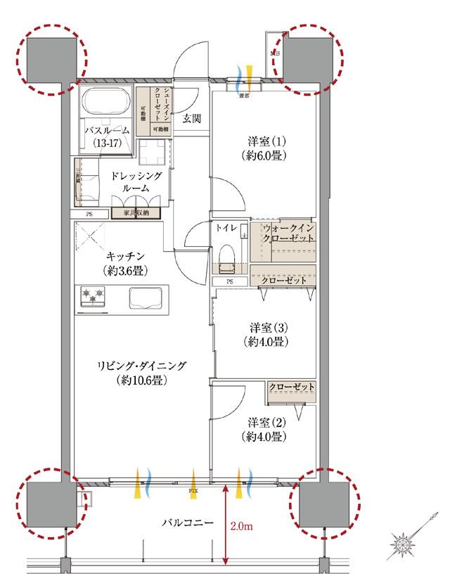 サーパス新水前寺駅前の間取り図　B：3LDK+WIC+SIC