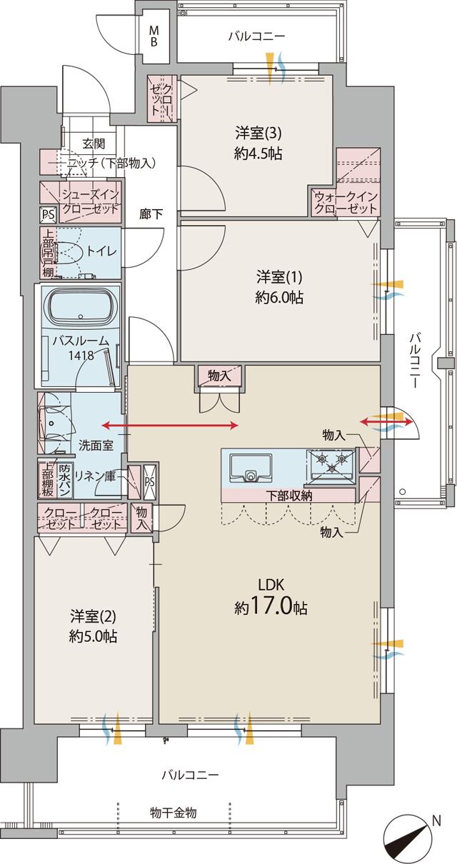 ファーネスト郡元レジデンスの間取り図　E：3LDK+WIC+SIC