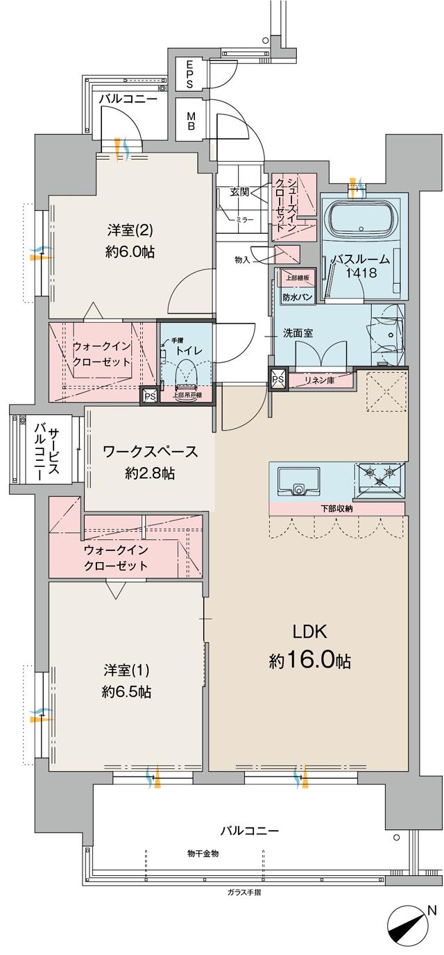 ファーネスト郡元レジデンスの間取り図　A(メニュー1)：2LDK+2WIC+SIC+ワークスペース