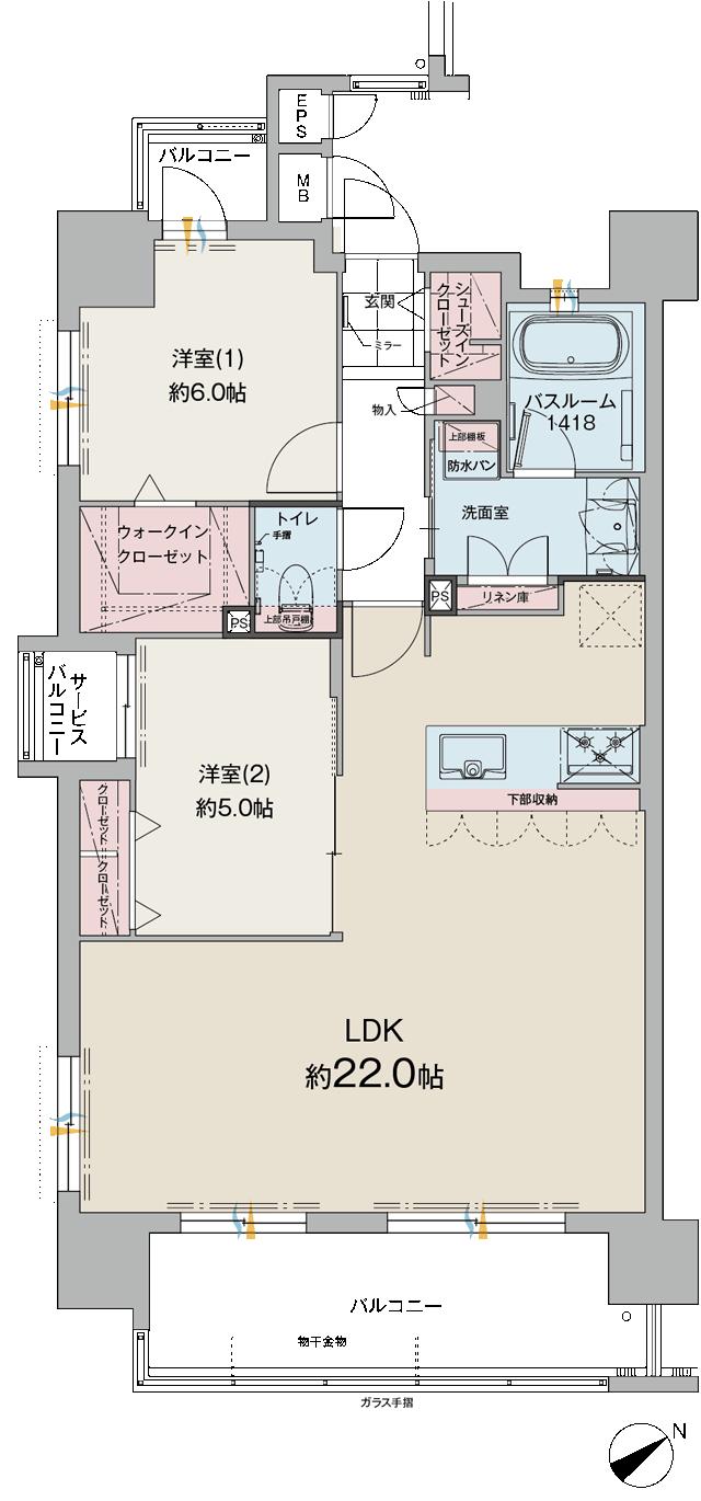 ファーネスト郡元レジデンスの間取り図　A(メニュー2)：2LDK+WIC+SIC