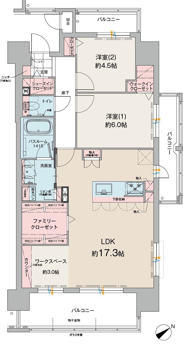 ファーネスト郡元レジデンスの間取り図　E(メニュー1)：2LDK+WIC+SIC+ファミリークローゼット+ワークスペース