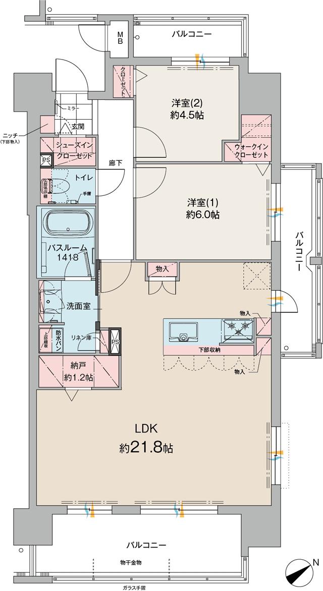 ファーネスト郡元レジデンスの間取り図　E(メニュー2)：2LDK+WIC+SIC+納戸