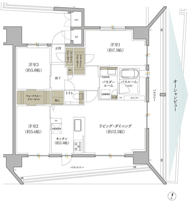 プレミスト北谷伊平 Sea＆Forestの間取り図　H：3LDK+WTC+WIC+SIC