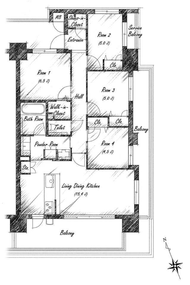 ザ・ブライトン アルビオ 新宮の間取り図　J：4LDK+WIC+SIC