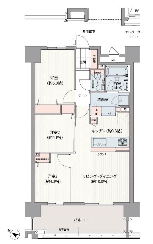 ベアーズコート北谷上勢頭ヒルズの間取り図　B：3LDK