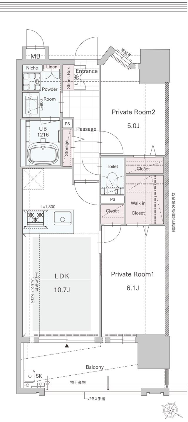 デュ・レジア博多アベニューの間取り図　C：2LDK