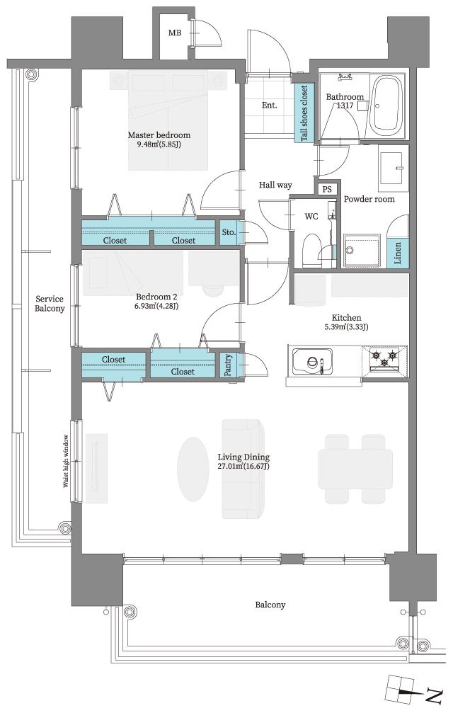 ミルコマンションとよみグランゲートの間取り図　E2：2LDK