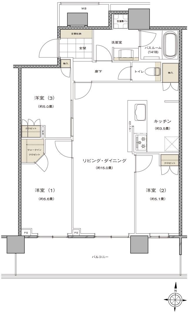 ライオンズタワー新大工町の間取り図　Q：3LDK+WIC