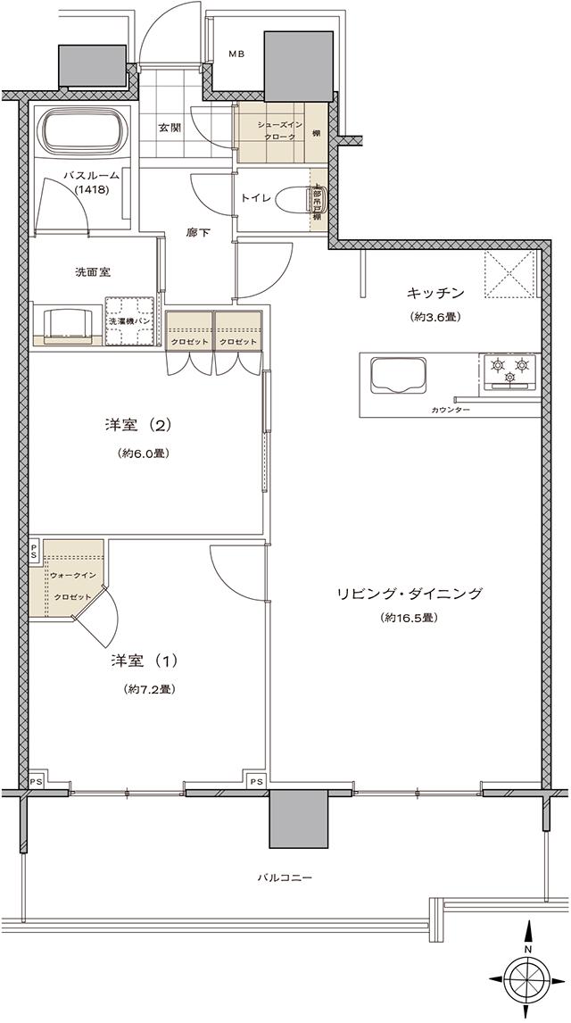 ライオンズタワー新大工町の間取り図　R：2LDK+WIC+SIC