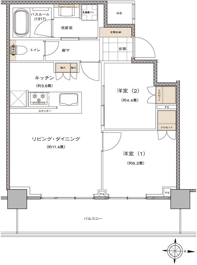 ライオンズタワー新大工町の間取り図　U：2LDK