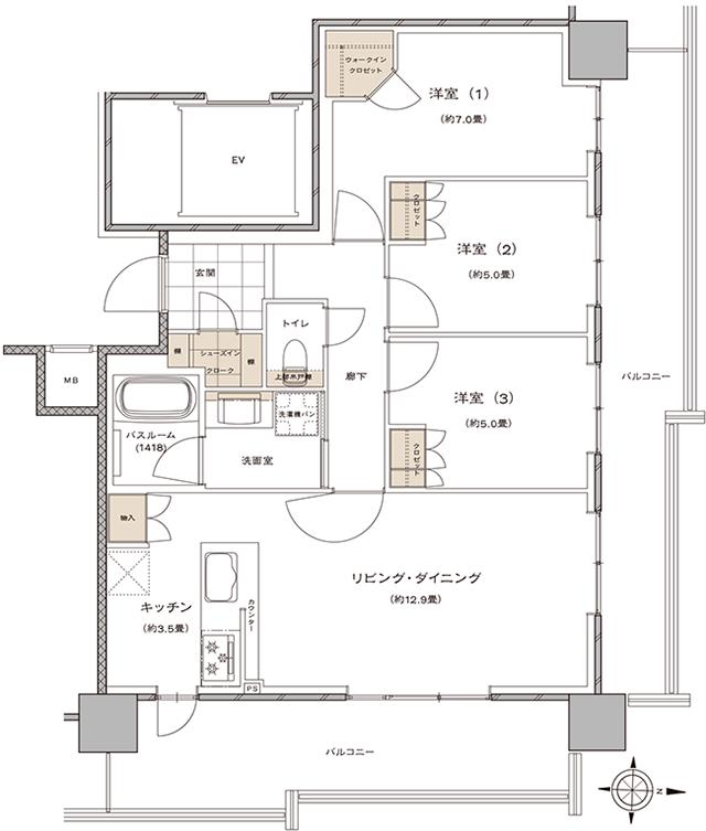 ライオンズタワー新大工町の間取り図　K：3LDK+WIC+SIC