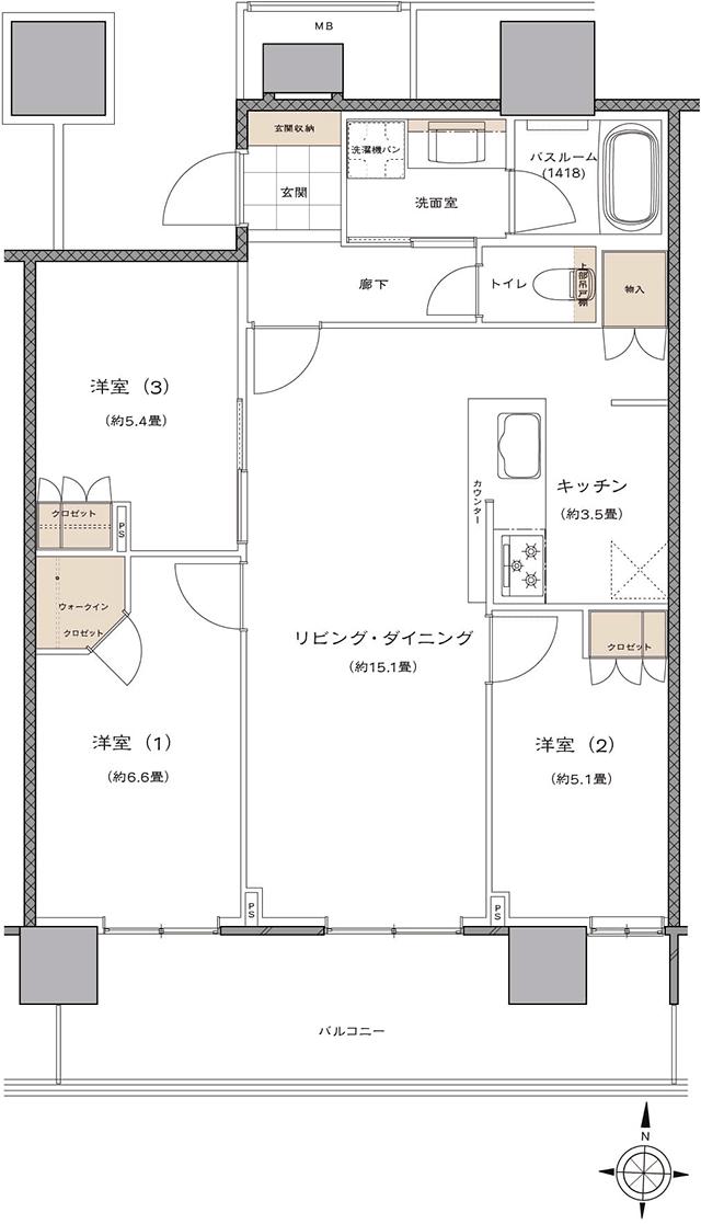 ライオンズタワー新大工町の間取り図　F：3LDK+WIC