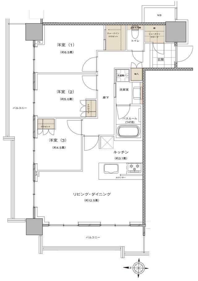 ライオンズタワー新大工町の間取り図　A：3LDK+WIC+SIC