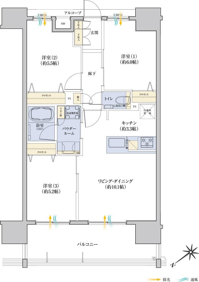 ザ・ファインタワー浦添城間の間取り図　B：3LDK