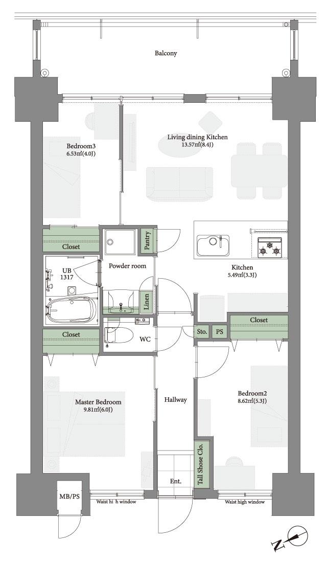 ミルコマンション大里グランビューの間取り図　B1：3LDK